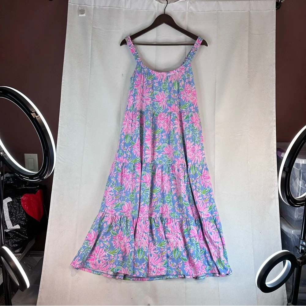 LILLY PULITZER Women’s Size M Dress Midi Floral Tiered Cotton Sleeveless
